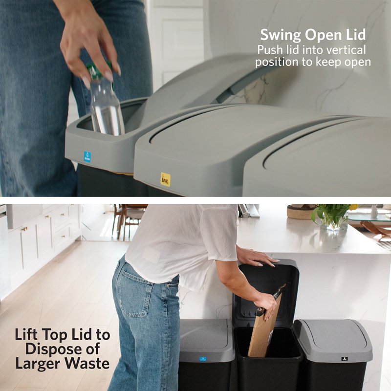 12 Gallon Trash & Recycling Bin with Swing Top Lid - 3 Pack