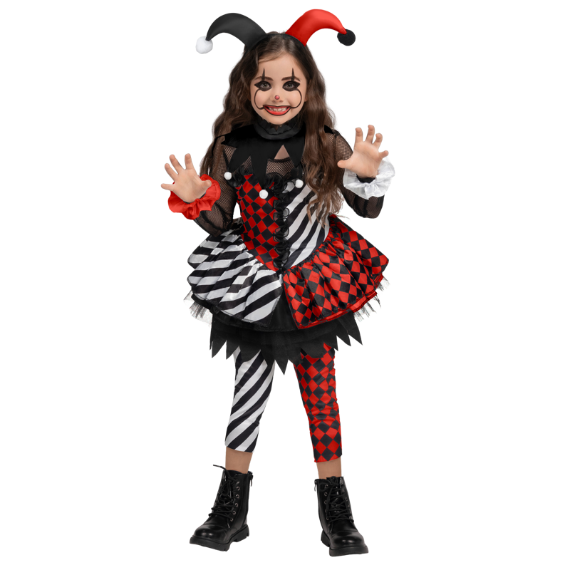 Girls Clown Costume Halloween Evil Jester Dress - Black & Red, Size M (8-10 yrs)