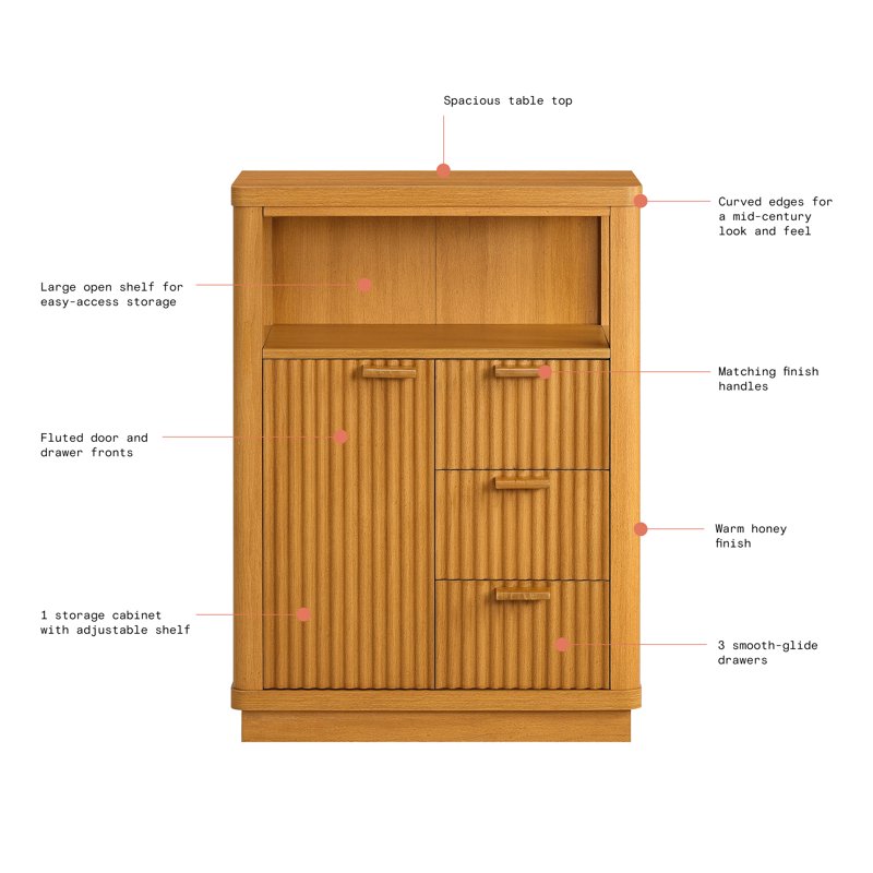 Vanity Storage Cabinet with Fluted Doors - Warm Honey Finish