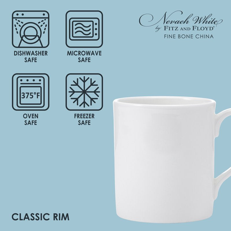 Nevaeh White Classic Mug Set - 16 oz Fine Bone China, Set of 4