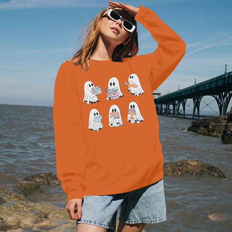 Orange Halloween Ghost Book Reading Graphic Sweater for Women - M