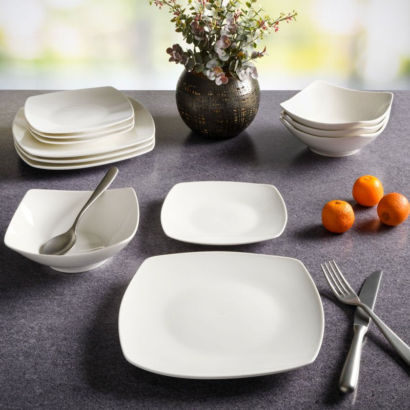 Square White Stoneware Dinnerware Set - 12-Piece