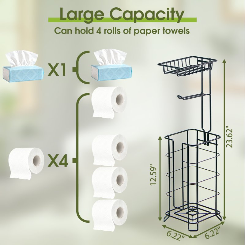 Freestanding Toilet Paper Holder with Storage Shelf and Base, Black
