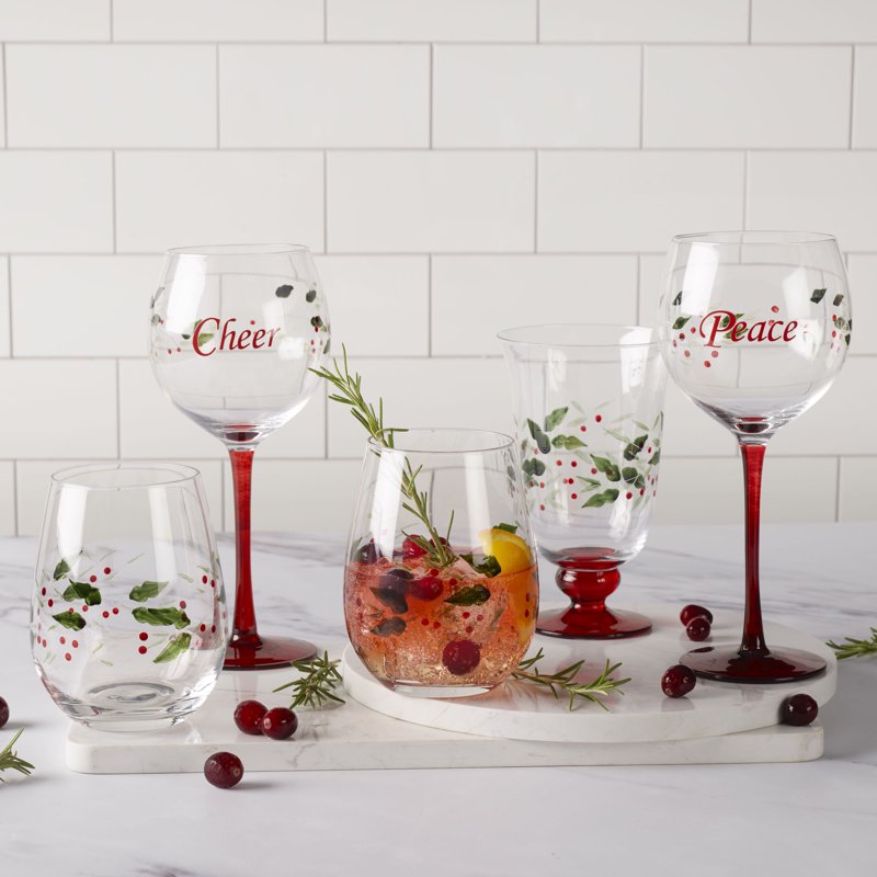 Winterberry Water Goblet - 14 oz Clear Glass with Green & Red Accents