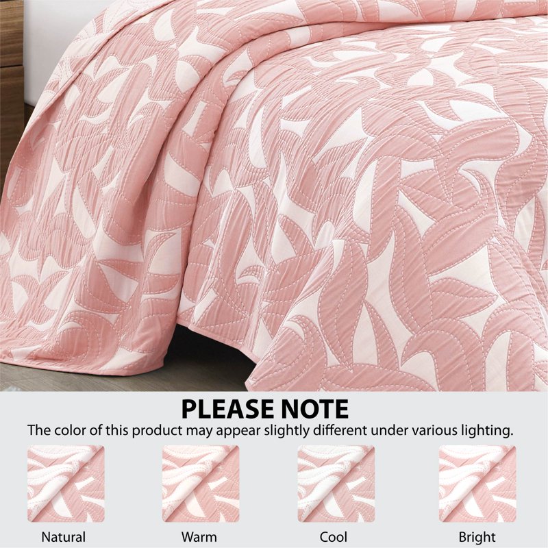 King Blush Pink Iris Leaf Stitched Quilt - Light Blue, 86x90 Inches, Polyester
