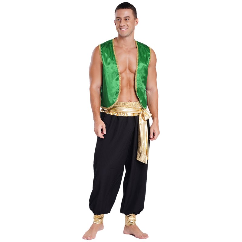 Men's Arabian Prince Costume Set - Green & Black, Size L - Harem Pants & Vest