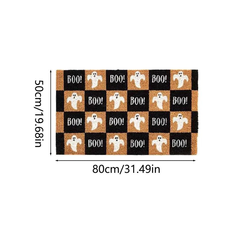 Halloween Ghost Doormat B - Black and Orange Checkered Front Door Rug, Non Slip Cute Spooky Decor