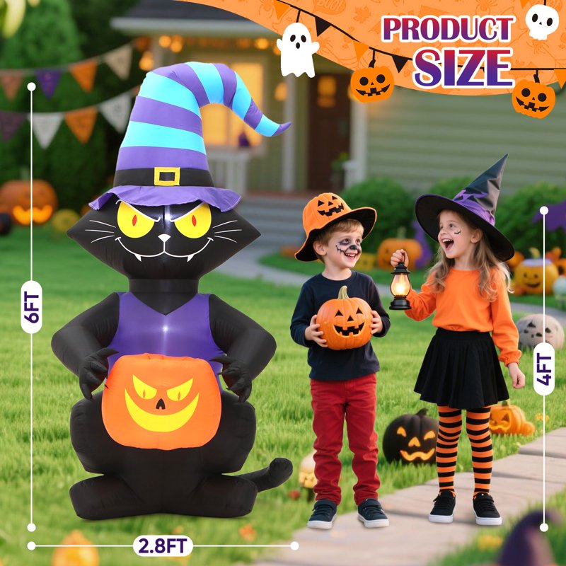 Inflatable Halloween Black Cat with Glowing Jack-o'-Lantern & Witch Hat, 6ft Outdoor Decor