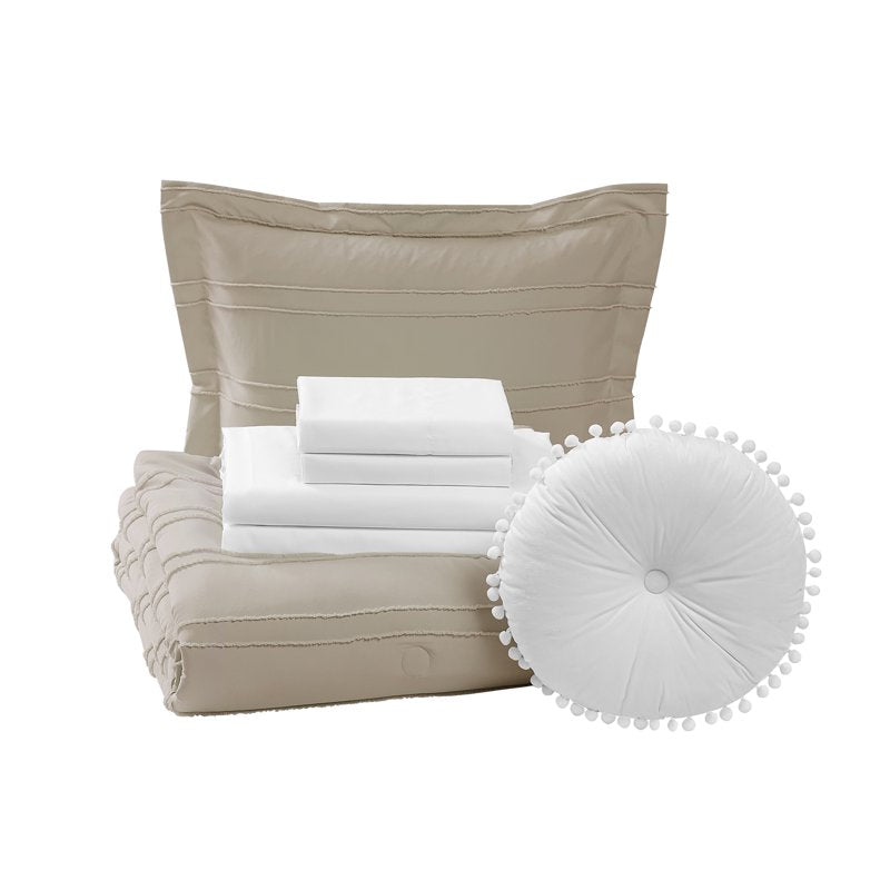 Queen Bed in a Bag Comforter Set with Sheets - Tan Stripe, 10 Pieces