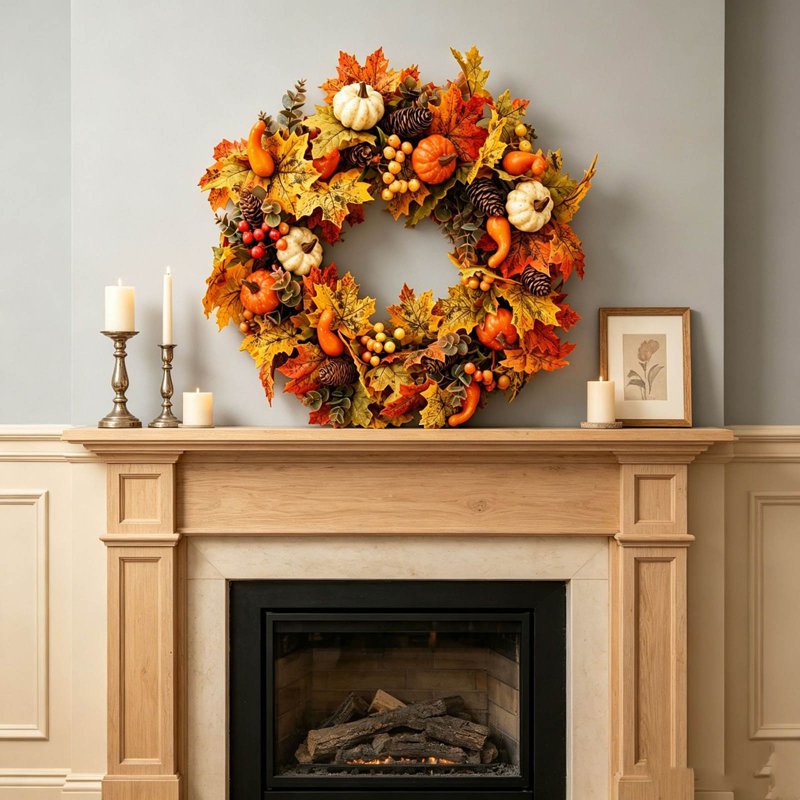 Black Fall Maple Pumpkin Berry Wreath - 19.69in Farmhouse Halloween & Thanksgiving Decor