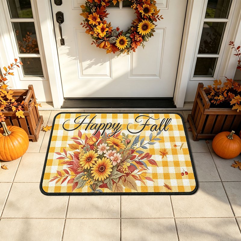 Thanksgiving Doormat with Fall Flowers Non-Slip Indoor Outdoor Decoration - U