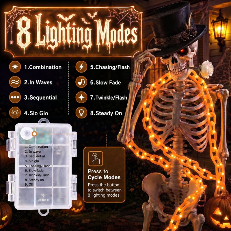Halloween Chain Lights 10ft Orange Waterproof LED String with 8 Modes - Battery Operated
