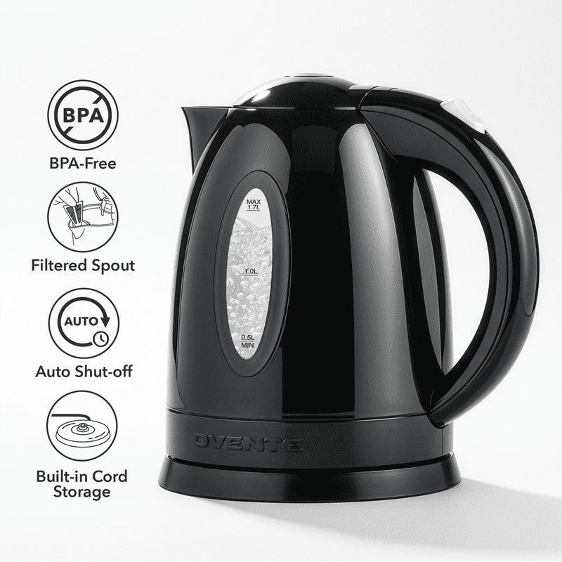Electric Kettle 1.7L - Fast Boiling 1100W, Black, BPA-Free