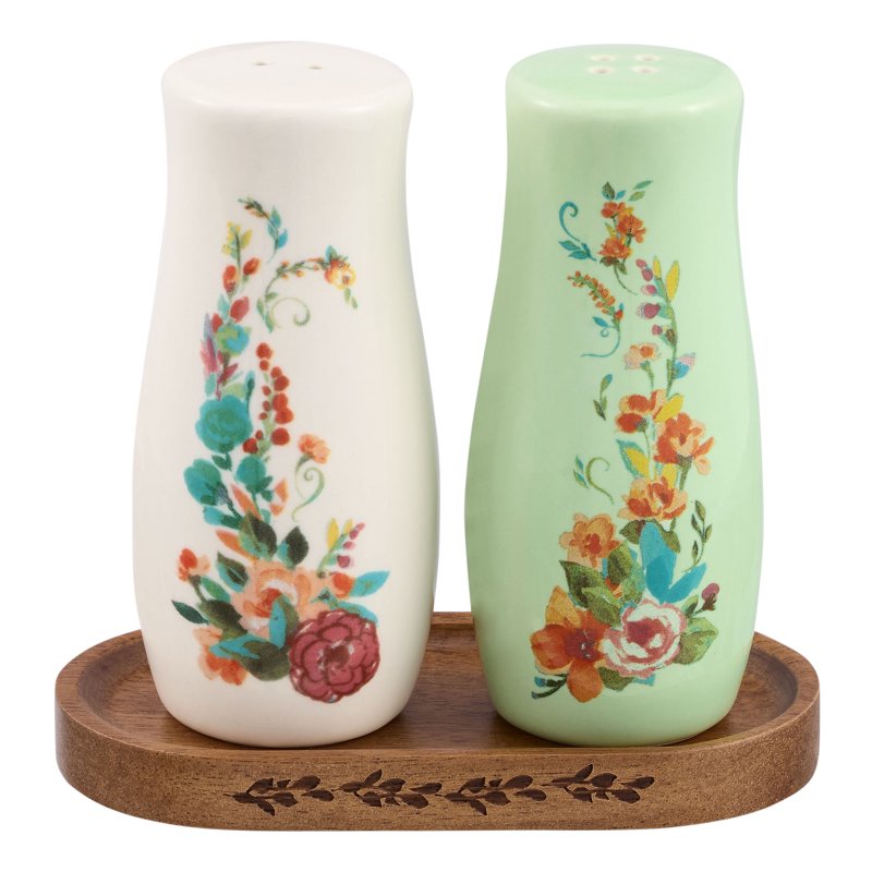 Ceramic Painted Meadow Salt & Pepper Shakers Set with Acacia Wood Tray - 2 Pack