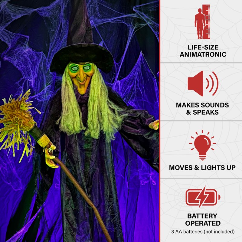 6 Ft Talking Animated Witch Halloween Decoration with Broomstick