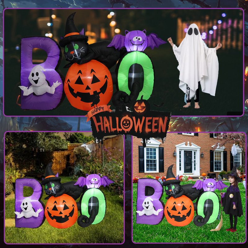 Halloween Inflatable Yard Decoration 6 Ft Pumpkin Ghost Black Cat & Bat Lighted