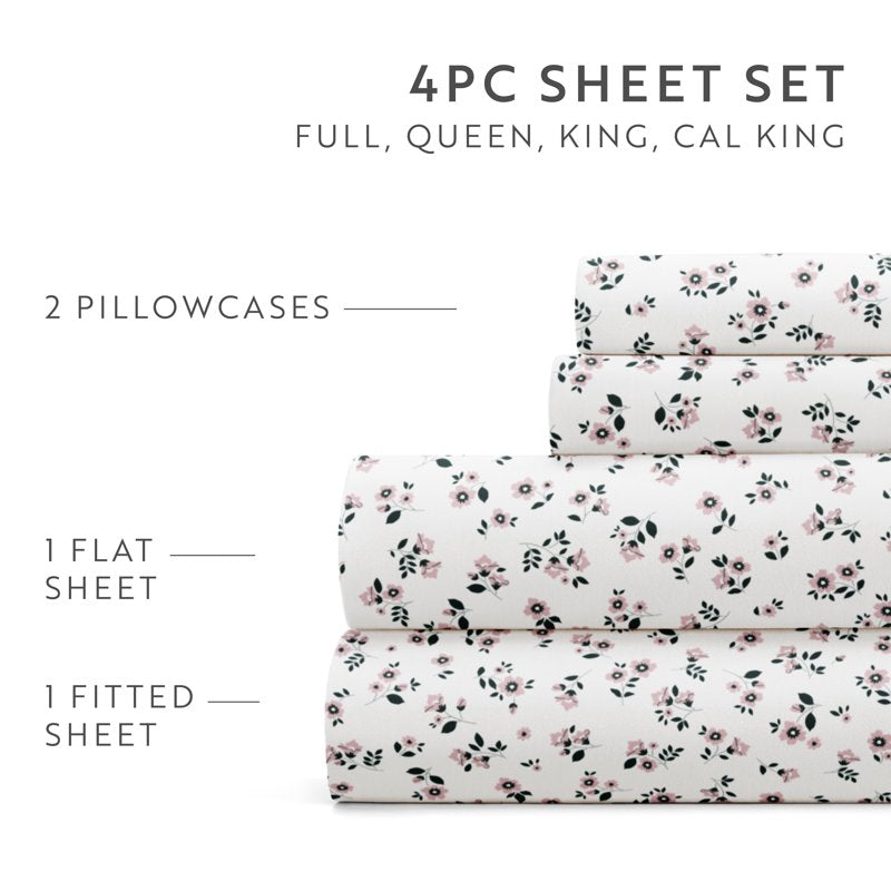 Full Microfiber Bed Sheets Set with Delicate Blossoms Pattern - Mauve Ditsy Floral