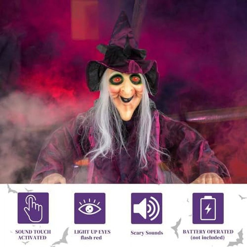 Life Size Talking Halloween Witch Decor with Red Lighted Eyes - Outdoor Haunted House Animatronic 5.9FT