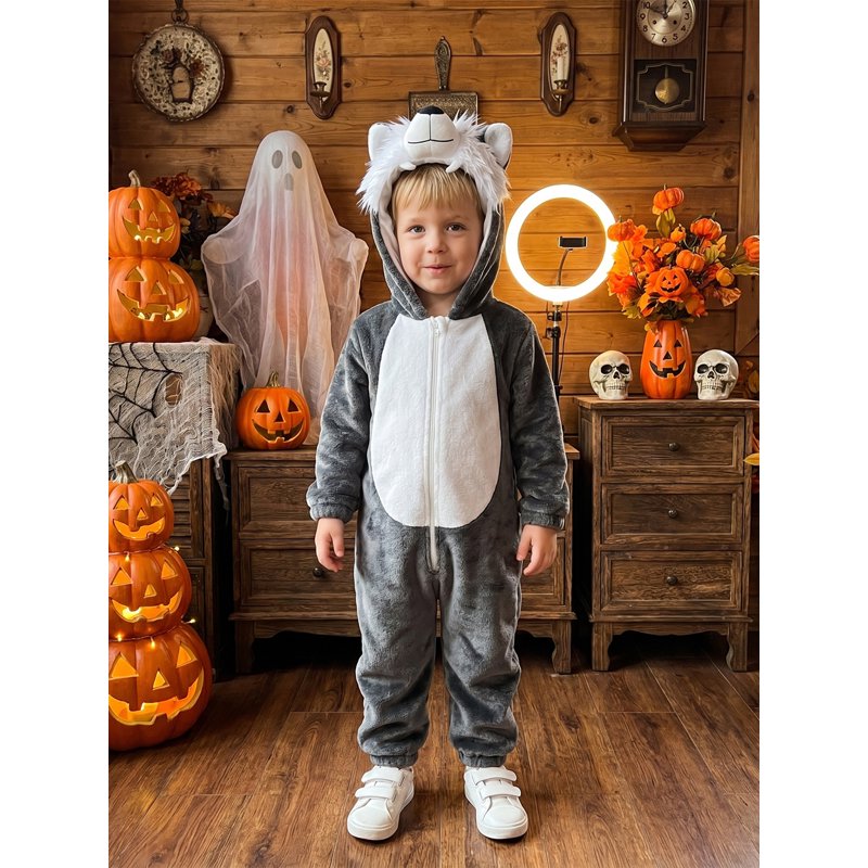 Gray Toddler Wolf Costume Infant Boy Halloween Fleece Jumpsuit 18-24 Months