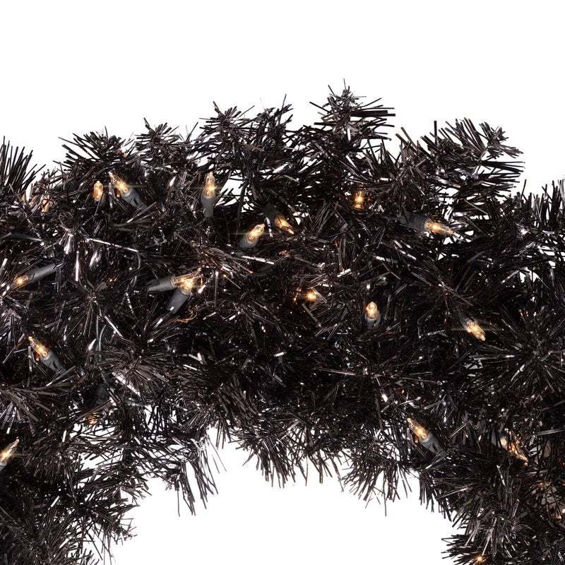 24-Inch Black Pre-Lit Halloween Tinsel Wreath with Clear Lights - Indoor Outdoor Decor