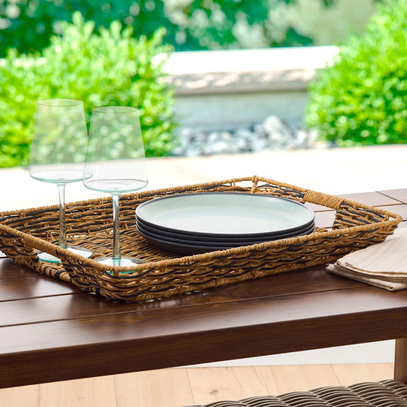 Beige and Black Resin Rattan Rectangular Serving Tray - 2 Pack