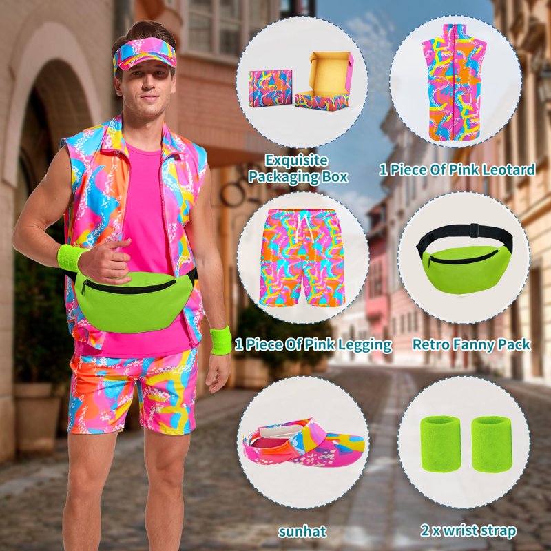 L 80s 90s Men Workout Costume Set Cosplay Halloween Party Outfit