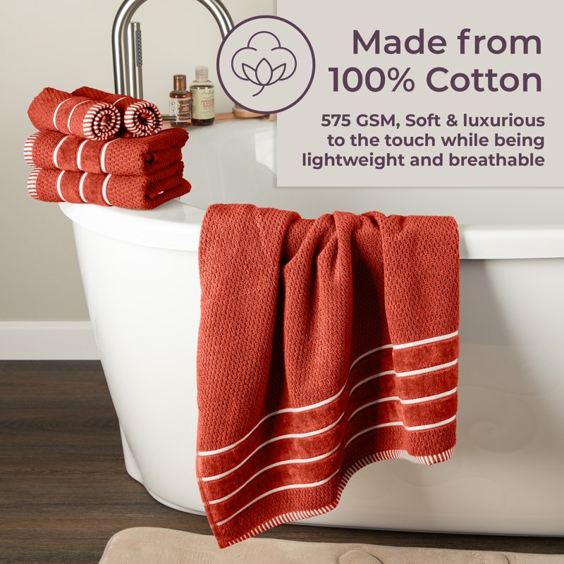Brick Orange 6-Piece Combed Cotton Rice Weave Towel Set for Bathroom & Beach