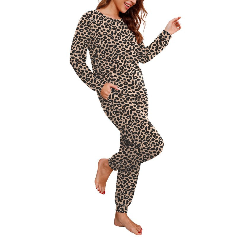 Leopard Khaki Womens Pajama Set Long Sleeve Sleepwear with Pockets - L
