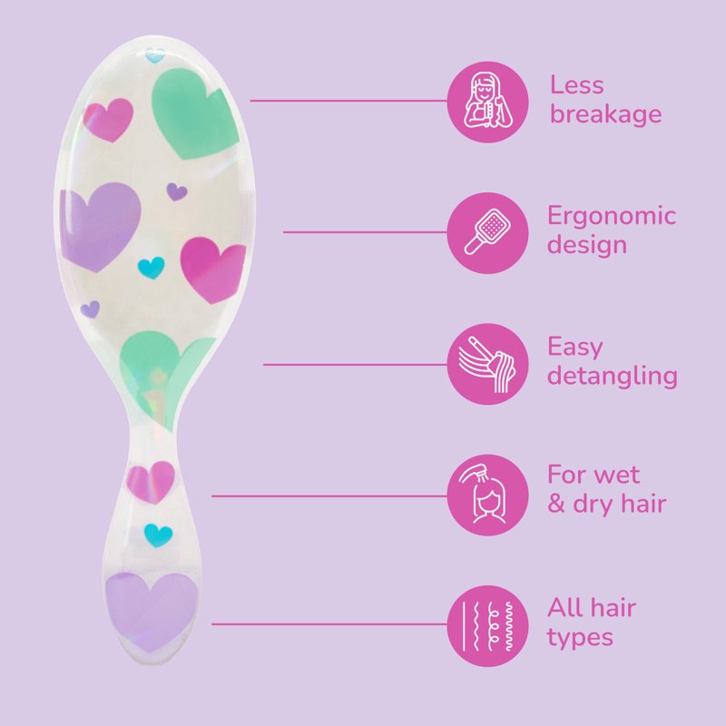 Midi Detangler Hair Brush - Glitter Hearts Design, For Wet or Dry Hair