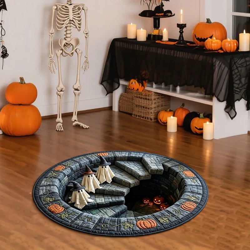 40x40cm Optical Illusion Halloween Doormat with Ghost Pumpkin Skull Design - Non Slip & Washable