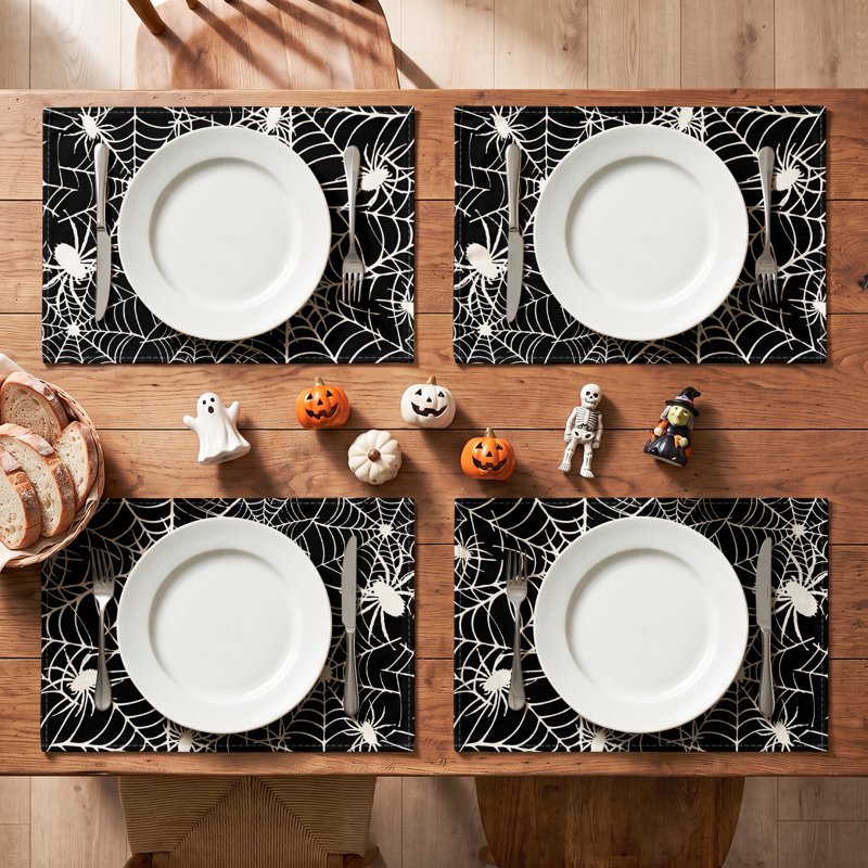 Halloween Spider Web Placemats Set of 4 - 12x18 Inch Indoor Outdoor Table Decor