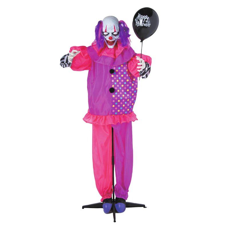 Animated Halloween Clown Decoration with Black Balloon - 5 Ft 8 In