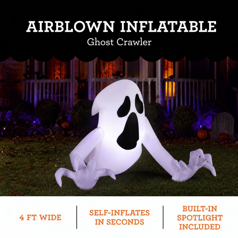 Halloween Ghost Crawler Airblown Yard Inflatable - 4' Spooky Creeping Ghost Decoration