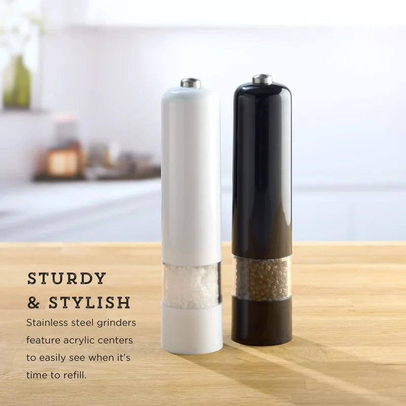 8-Inch Battery Operated Prefilled Salt & Pepper Grinder Set - Black & White
