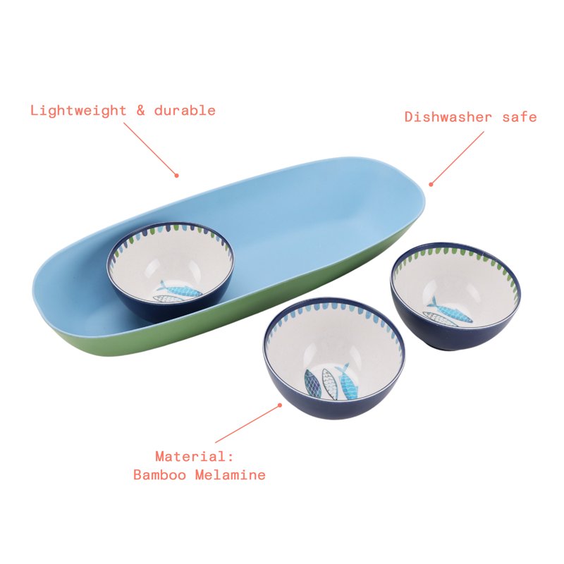 Bamboo Melamine Oval Serve Platter with Sardine Pattern - Multi-Color