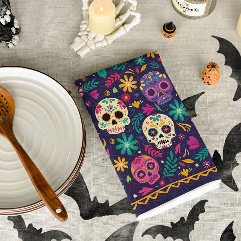 Seasonal Floral Day of The Dead Kitchen Towels Set of 2 - 18x26 Inches Halloween Decor