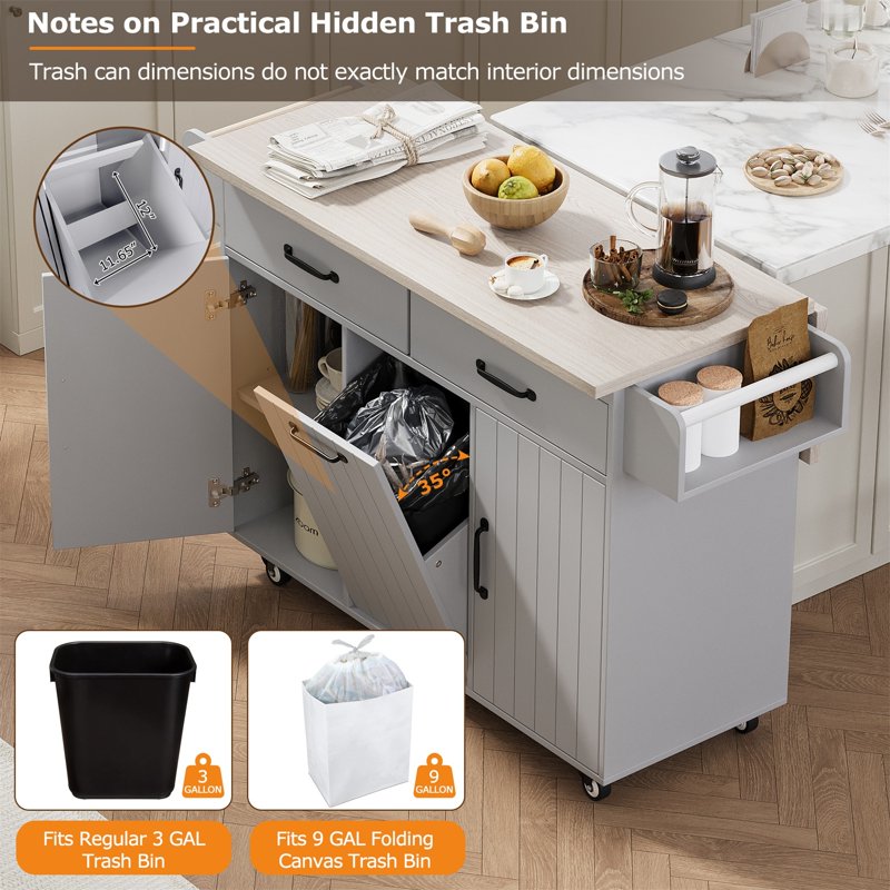Rolling Kitchen Island Cart with Trash Can & Drop Leaf - Grey