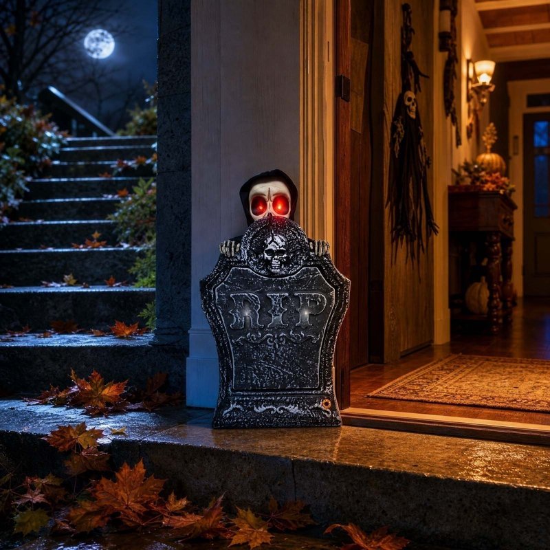 Halloween Tombstone Decor with Motion-Activated Light and Skeleton Pumpkin Yard Prop