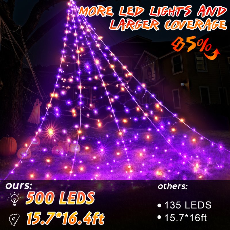 Outdoor Halloween Spider Web Lights - 16.4ft 500 LED String with Multicolor Purple Orange Glow