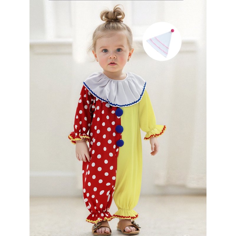 Kids Toddler Clown Costume Set - Red Yellow Romper & Hat for 6-12 Months