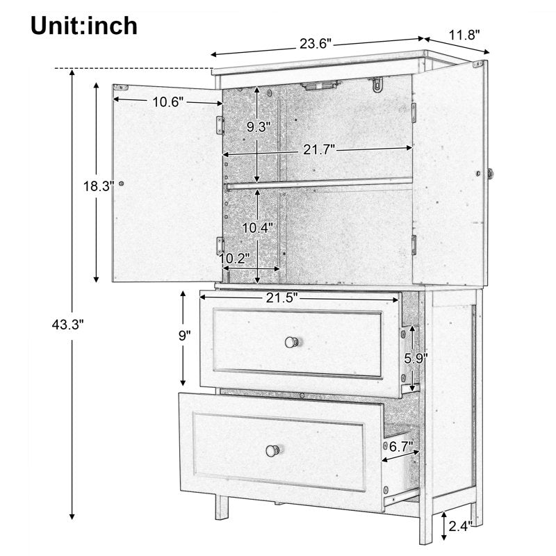 Bathroom Floor Storage Cabinet with 2 Drawers & 2 Doors - White, Adjustable Shelf