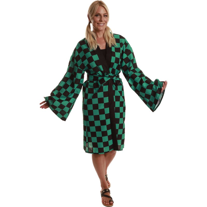 Anime Green and Black Checkered Kimono Costume for Women Large 14-16