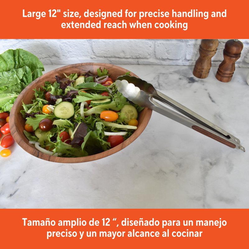 12-Inch Stainless Steel Food Tongs with Wood Look Grip