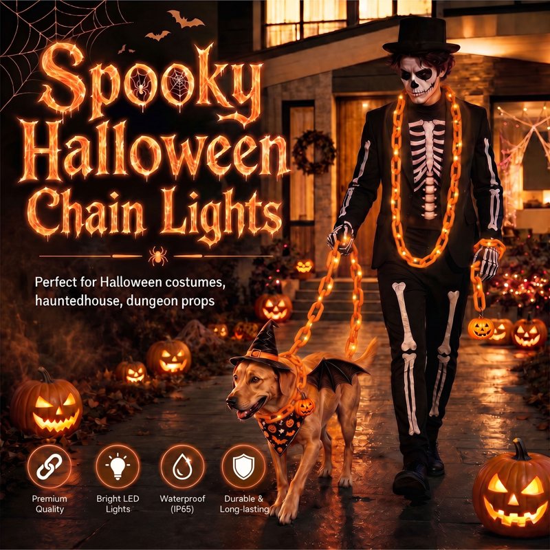 Halloween Chain Lights 10ft Orange Waterproof LED String with 8 Modes - Battery Operated