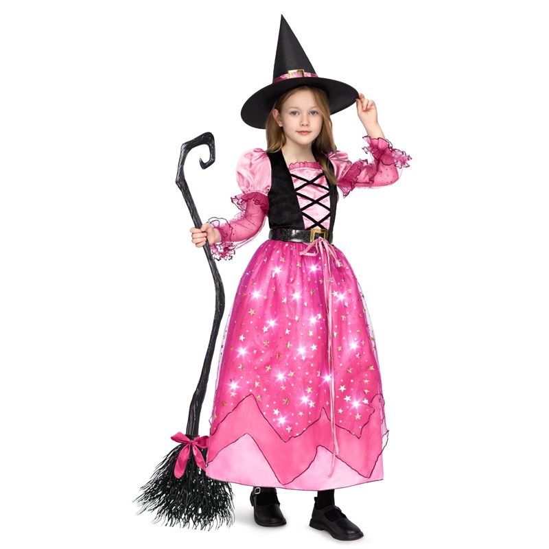 Pink Light-Up Witch Costume Set for Girls - Starry Dress, Broom, Hat & Belt, 8-10 Years