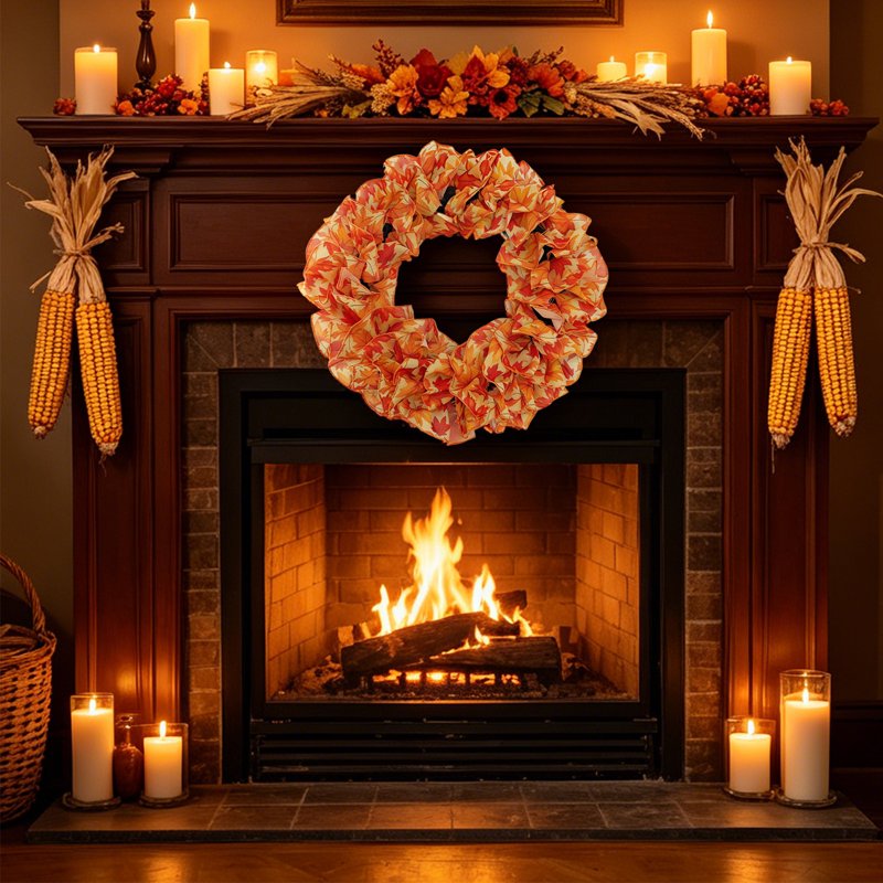 Nkmbld Fall Wreath for Front Door - Large Orange Maple Leaf Ruffled Fabric, Halloween & Thanksgiving Decoration E-9