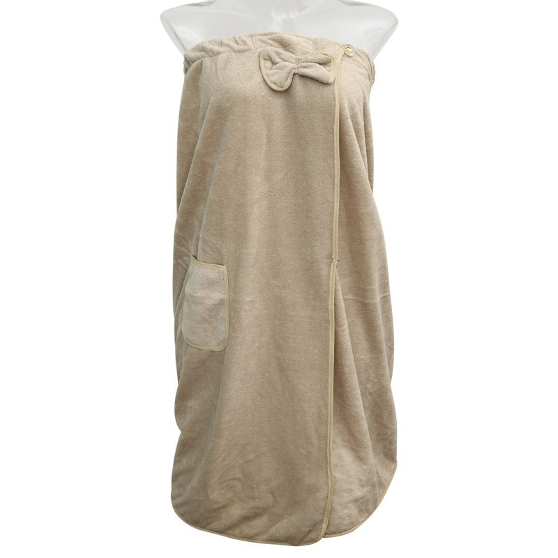 Women's Beige Bath Wrap Towel with Pocket & Adjustable Closure
