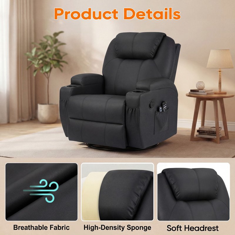 Swivel Rocker Recliner with Massage & Cup Holders - Multiple Colors