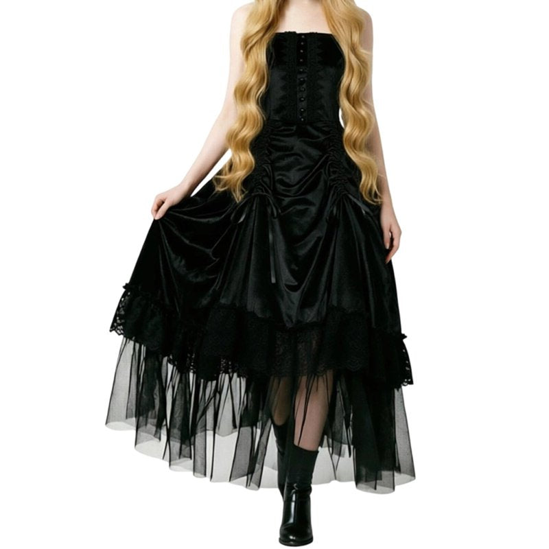 Women's Gothic Corset Dress A105 Black L with High-Low Tulle Skirt & Lace Ruffles - Dark Witch Vampire Cosplay