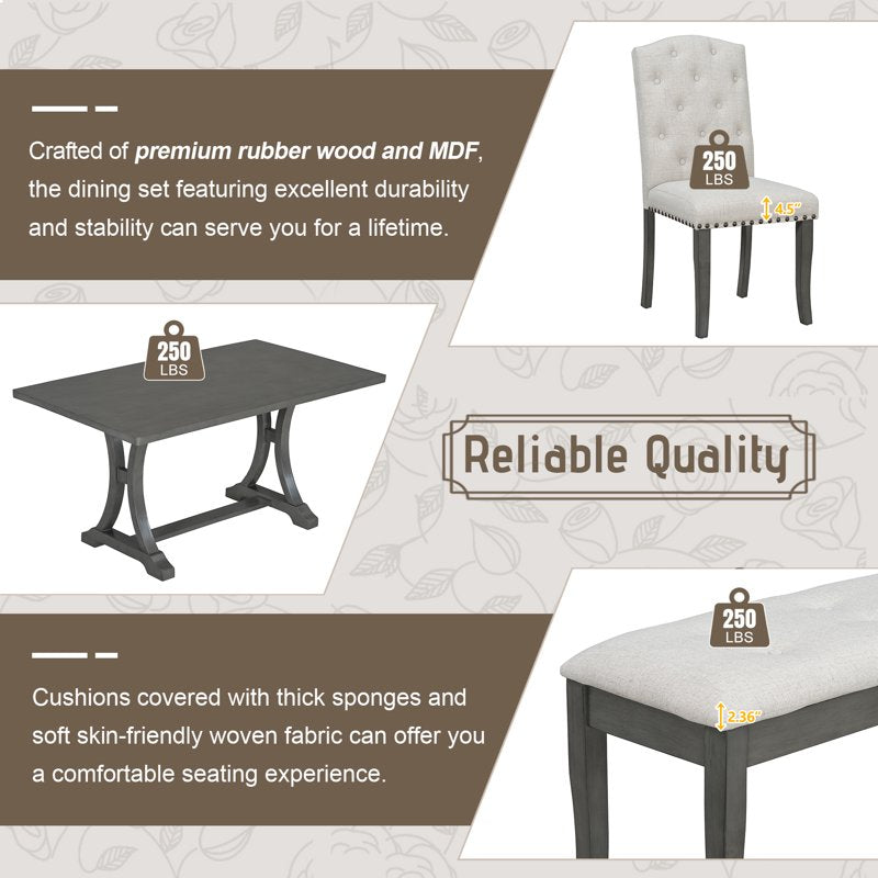 60" 6-Piece Dining Table Set - Antique Gray, Modern Design